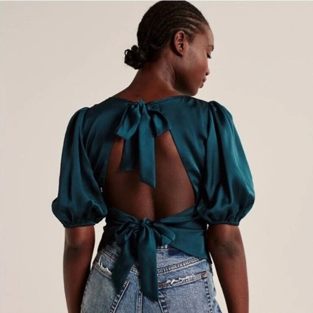 Abercrombie & Fitch Satin Tie Bow Back Top Turquoise Green Blouse Women’s Medium